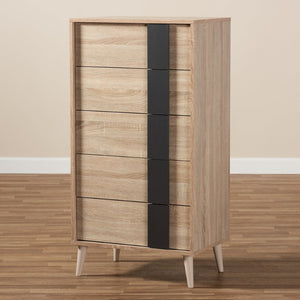 Baxton Studio Baxton Studio Lisen 5-Drawer Chest in Light Oak & Grey - Stylish Mid-Century Modern Storage Solution SECOD305US-Hana Oak/Dark Grey-5DW-Chest