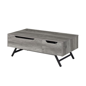 English Elm Throm Gray Oak Lift-Top Coffee Table with Hidden Storage Drawer, Industrial Splayed Iron Legs — Modern centerpiece B2726P251671