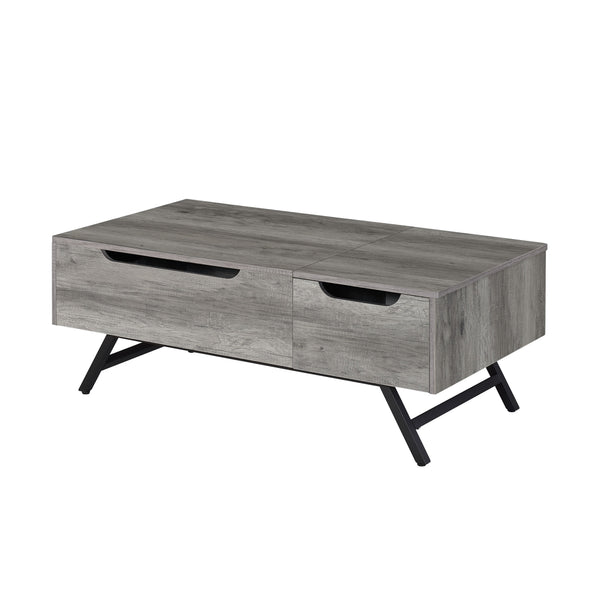 English Elm Throm Gray Oak Lift-Top Coffee Table with Hidden Storage Drawer, Industrial Splayed Iron Legs — Modern centerpiece B2726P251671