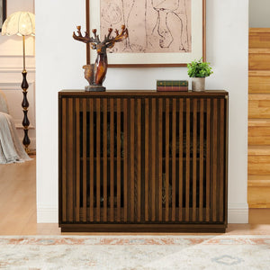 English Elm Mid Fluted Hollowed Sideboard Cabinet with Outlet Holes, Mid Century Storage Buffet for Entryway, Dining Walnut Brown W1801P288510