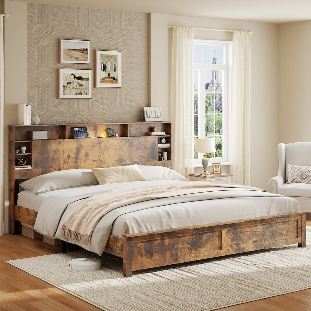 English Elm Wood Queen Platform Bed Bookcase Headboard with Led Lighting and Charging Station W636P444679