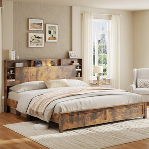 English Elm Wood Queen Platform Bed Bookcase Headboard with Led Lighting and Charging Station W636P444679