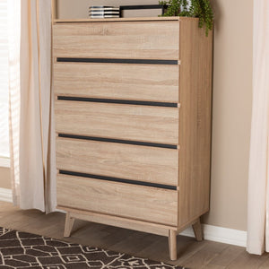 Baxton Studio Baxton Studio Miren 5-Drawer Chest - Mid-Century Modern Light Oak with Dark Grey Accents, Stylish Storage SECOD5014-Hana Oak/Dark Grey-5DW-Chest