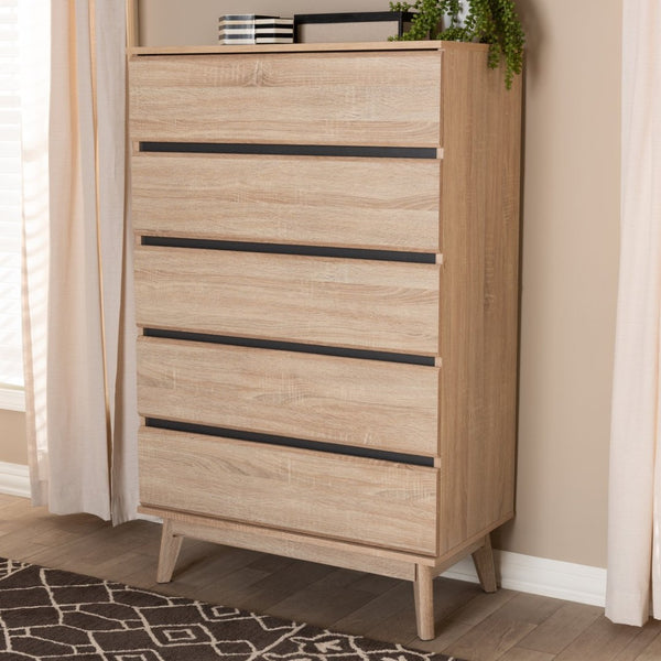 Baxton Studio Baxton Studio Miren 5-Drawer Chest - Mid-Century Modern Light Oak with Dark Grey Accents, Stylish Storage SECOD5014-Hana Oak/Dark Grey-5DW-Chest