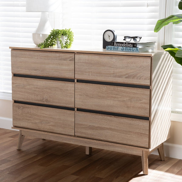 Baxton Studio Baxton Studio Miren Mid-Century Modern Dresser with 6 Drawers for Stylish Bedroom Storage Solutions SECOD5015-Hana Oak/Dark Grey-6DW-Dresser