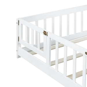 English Elm Queen Floor Bed with Safety Fence and Guardrails, Rubberwood Low Profile Platform for Kids White W504P286387