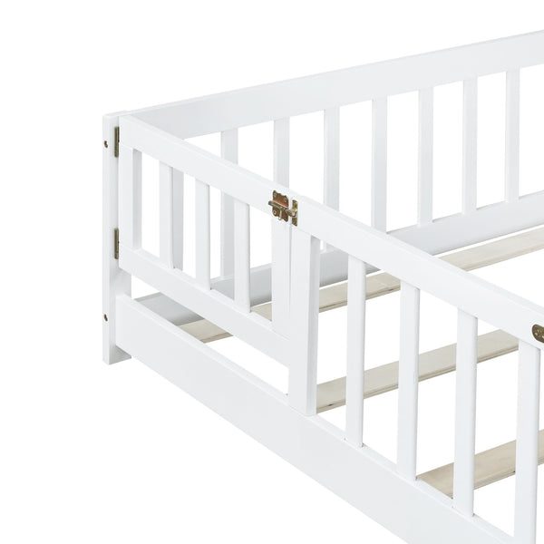 English Elm Queen Floor Bed with Safety Fence and Guardrails, Rubberwood Low Profile Platform for Kids White W504P286387