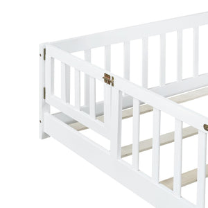 English Elm Queen Rubber Wood Floor Bed with Full Perimeter Safety Fence and Hinged Access Door White W504P429340