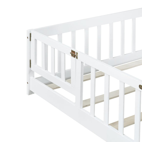 English Elm Queen Rubber Wood Floor Bed with Full Perimeter Safety Fence and Hinged Access Door White W504P429340