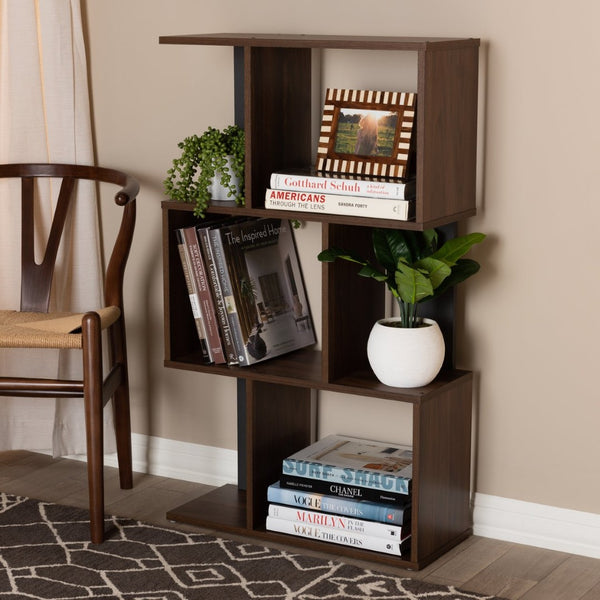 Baxton Studio Baxton Legende Modern Two-Tone Display Bookcase - Stylish Mid-Century Design for Any Room SEDV5004-Columbia Brown/Dark Grey-Shelf