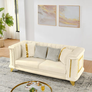 English Elm 89 Inch Tufted Velvet Sofa with Gold Steel Trim Embroidered Victorian Glam Seating W1191S00109