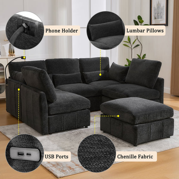 English Elm Modern Sectional Sofa: Versatile U-Shaped Couch With Usb Ports, Movable Ottoman & Lumbar Pillows N719S002050B