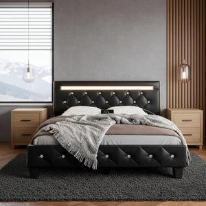English Elm Queen Platform Bed Wingback Diamond Quilted Headboard Led Lighting Storage Drawers W5722P462498