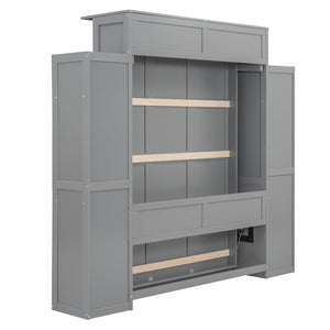 English Elm Full Size Murphy Wall Bed with Led Lighting Open Shelves Space Saving Cabinet Gray LP000694AAE-2