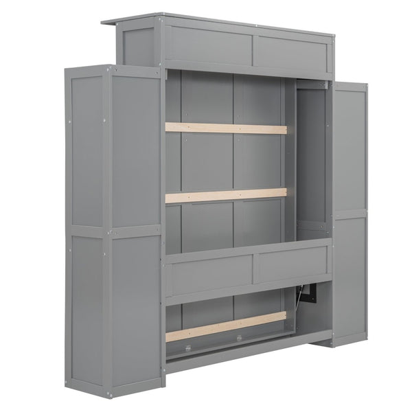 English Elm Full Size Murphy Wall Bed with Led Lighting Open Shelves Space Saving Cabinet Gray LP000694AAE-2
