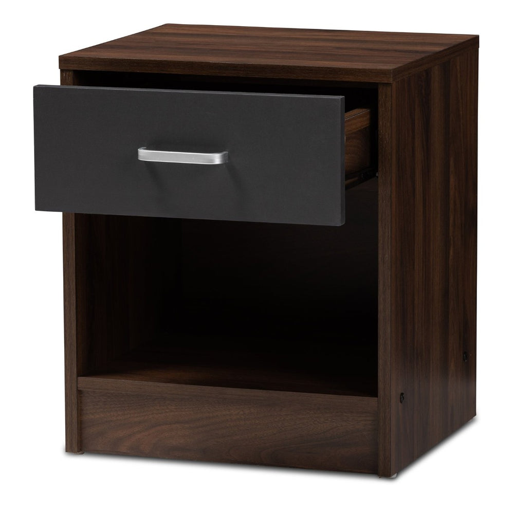 Baxton Studio Baxton Hansel Modern Nightstand with 1 Drawer, Stylish Two-Tone Design for Small Spaces & Storage SENT009-Columbia Brown/Dark Grey-NS