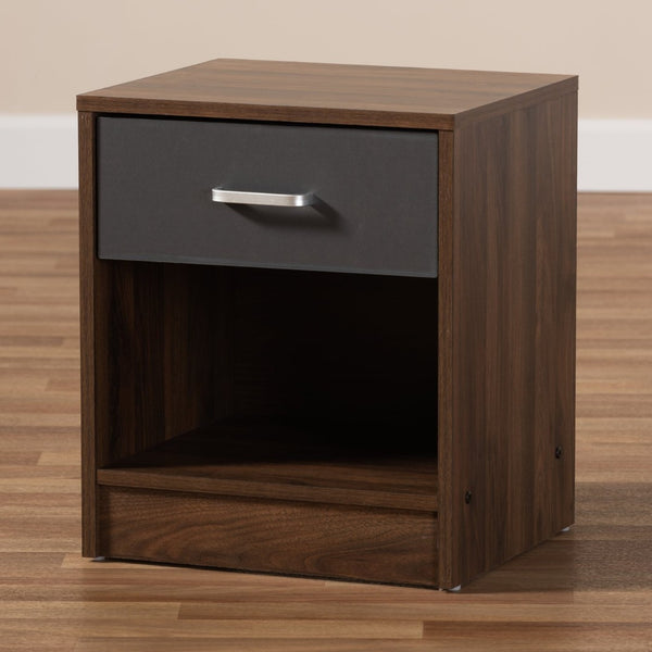 Baxton Studio Baxton Hansel Modern Nightstand with 1 Drawer, Stylish Two-Tone Design for Small Spaces & Storage SENT009-Columbia Brown/Dark Grey-NS