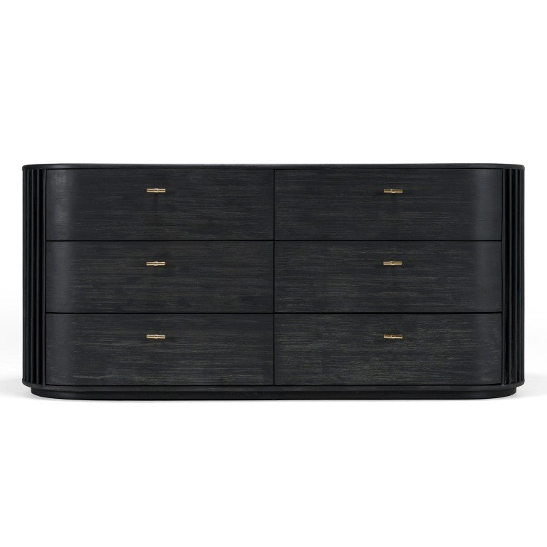 VIG Furniture Fields Modern Black Acacia Dresser With 6 Spacious Drawers, Gold Handles, Smooth Glides, 70.8"W VGWD-VGD2-DR06-BLK