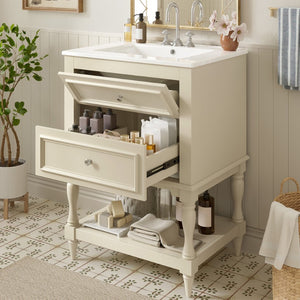 English Elm 24'' Retro Bathroom Vanity Mdf Cabinet with Ceramic Sink Open Shelf and 2 Drawers Beige N710P405414Y
