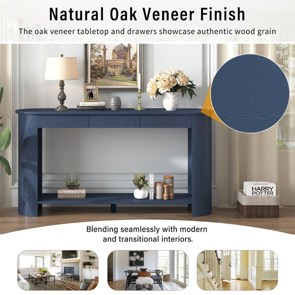 English Elm U_style Oak Veneer Console Table with 3 Drawers Open Shelf Entryway Hallway Storage Navy Blue N711P395523C