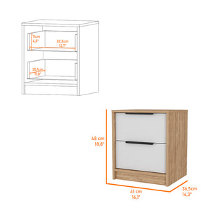 English Elm Washington Nightstand White & Light Oak with Two Large Drawers, Shelf, Metal Pulls, Compact Storage Elegance B128P148839