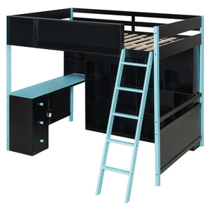 English Elm Full Size Gaming Loft Bed with Led Lighting Desk Drawers and Display Shelving Blue LT000263AAC