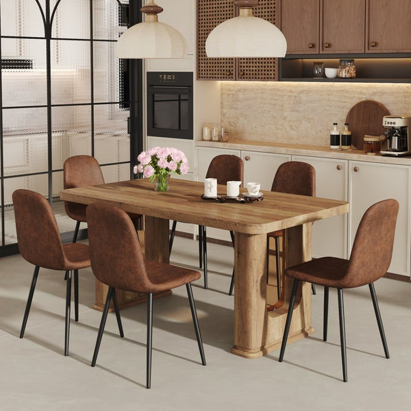 English Elm Table And Chair Set - Modern 64.5" Wood-Textured Dining Table With 6 Ergonomic Brown Chairs W1151S04086-GIGA