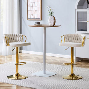 English Elm Set of 2 Velvet Swivel Barstools with Braided Rope Back and Adjustable Pedestal Base Beige,Gold W3875P383938