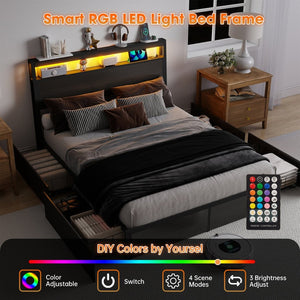 English Elm Queen Metal Platform Bed with Rgb Led Headboard Charging Station and Underbed Storage T3963P483012