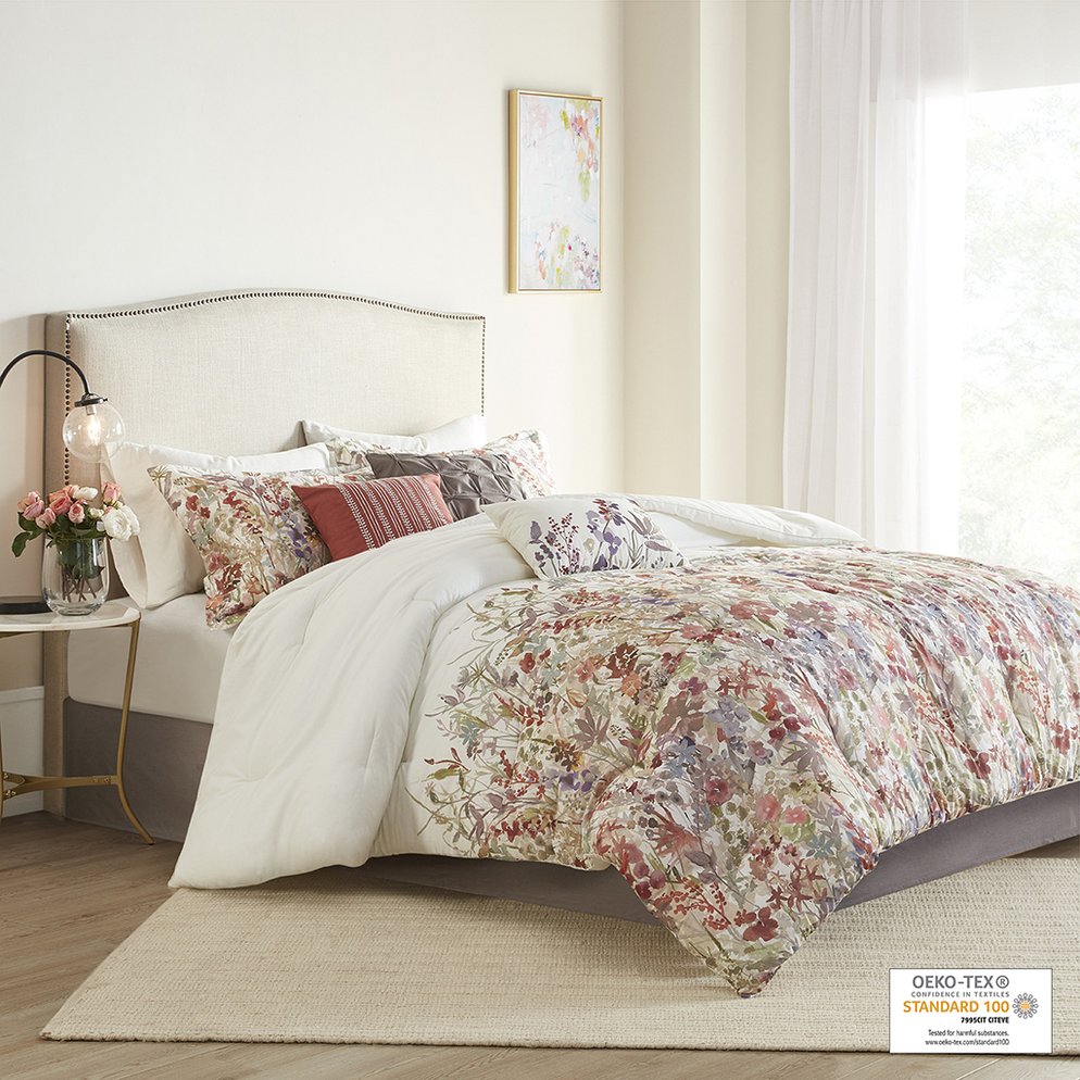 JLA Home Madison Park - 7 Piece Cotton Printed Comforter Set Madison Park Mariana – Watercolor Floral, Embroidered Pillows, OEKO-TEX Certified, Machine Washable, Breathable Comfort MP10-7091