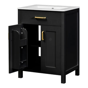 English Elm 24"Bathroom Luxurious Space-Saving Vanity with Ceramic Sink, Solid Wood Frame, Soft-Close Doors and Storage Black N729P183716B