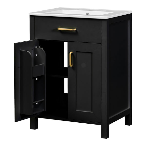 English Elm 24"Bathroom Luxurious Space-Saving Vanity with Ceramic Sink, Solid Wood Frame, Soft-Close Doors and Storage Black N729P183716B