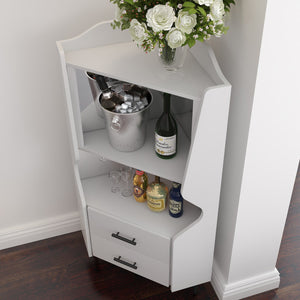 English Elm Wooden Corner Bar Cabinet with Mirrored Back, High Legs, 2 Shelves & 2 Drawers for Stylish Storage White W2899P374345