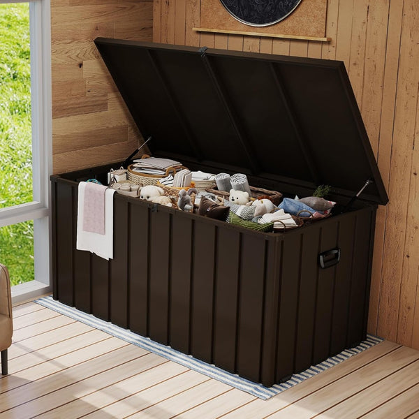 English Elm 200 Gallon Galvanized Steel Outdoor Deck Box Lockable Weatherproof Patio Pool Storage Brown W1859P445937