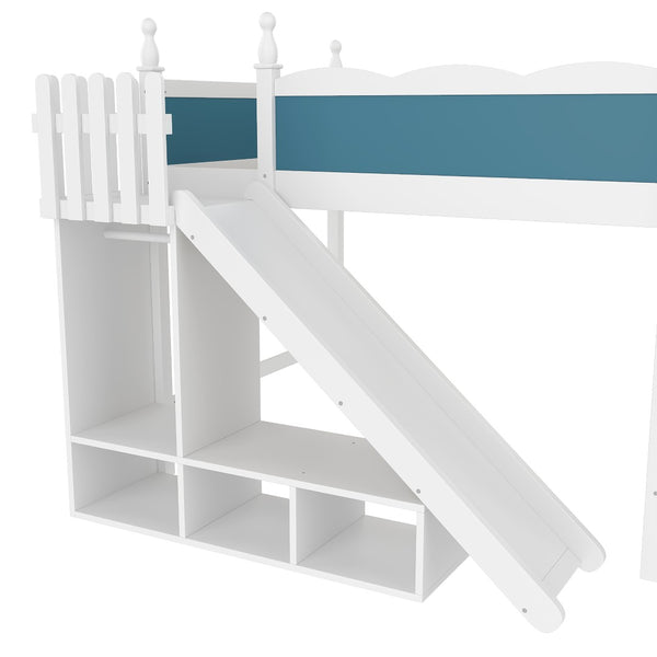English Elm Twin Loft Bed Solid Pine Frame with Wardrobe Shelving Detachable Slide Kids Room White+Blue W5305S00024