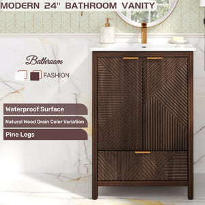 English Elm Christopher Knight Home® - 24 24-Inch Bathroom Vanity with Ceramic Sink, Textured Panels, Soft-Close Drawer & Large Storage Brown N817P339017B