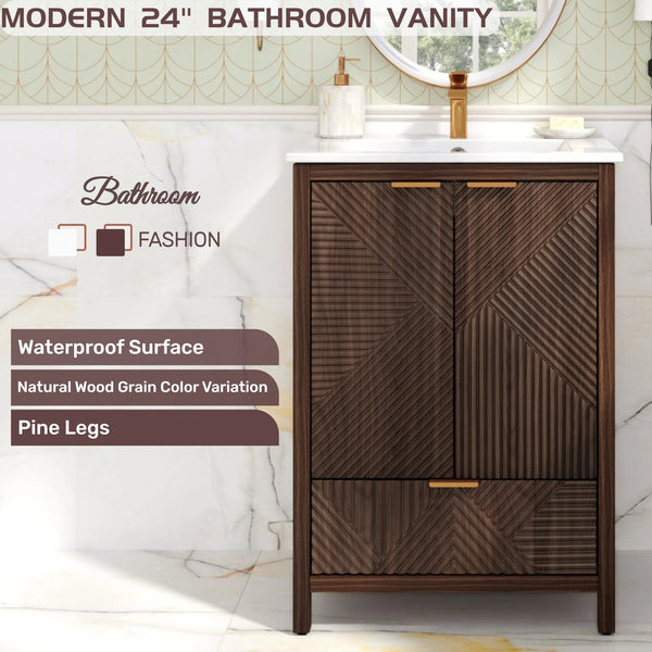 English Elm Christopher Knight Home® - 24 24-Inch Bathroom Vanity with Ceramic Sink, Textured Panels, Soft-Close Drawer & Large Storage Brown N817P339017B