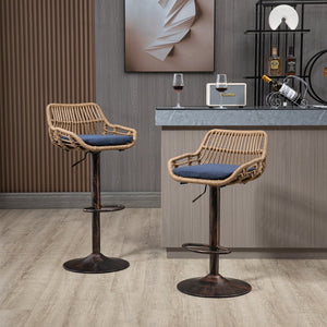 English Elm Modern Swivel Bar Stools Set of 2 Adjustable Counter Height Chairs with Linen Seat Vintage Gold Frame Blue W39594821
