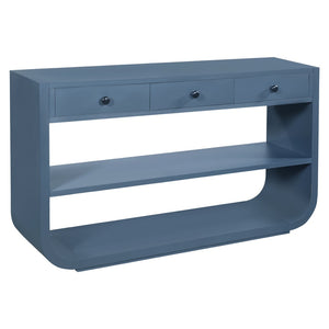 English Elm [video] Sculptural Console Table Pine Wood Curved Legs Soft-close Drawers Open Shelving Entryway Blue N759P433560C