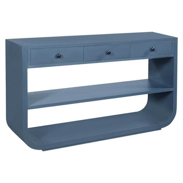 English Elm [video] Sculptural Console Table Pine Wood Curved Legs Soft-close Drawers Open Shelving Entryway Blue N759P433560C