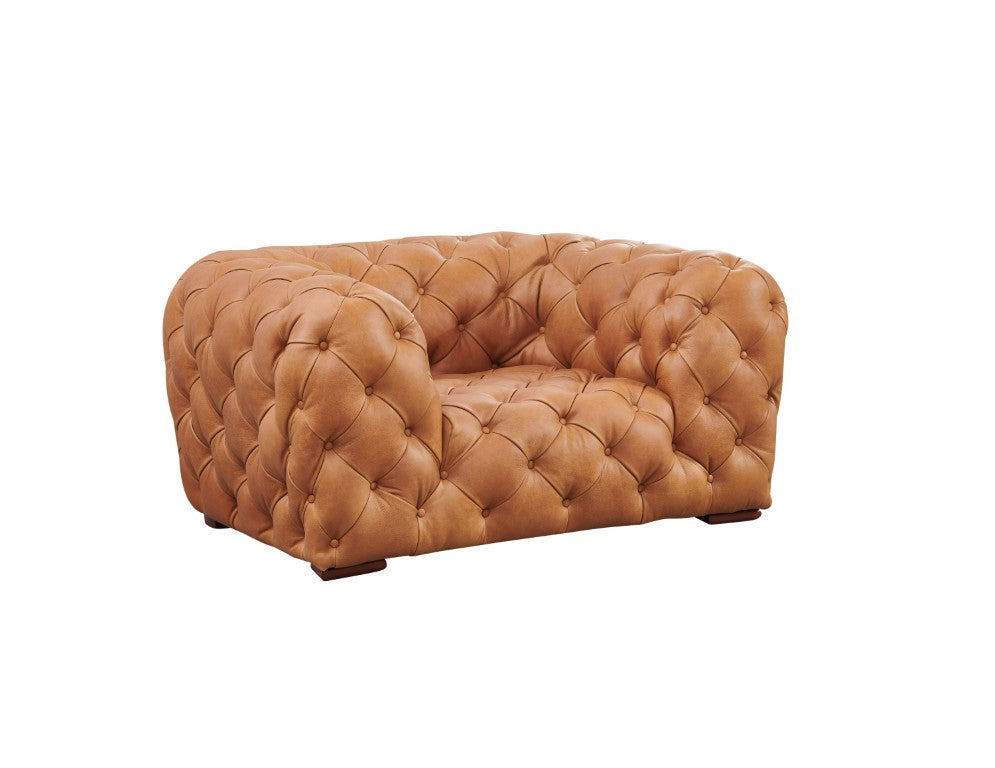 VIG Furniture Dexter Transitional Full Italian Leather Armchair With Diamond Tufting, Tuxedo Arms & Wood Legs Camel Lounge Chair VGCA-114-CHR-BRN