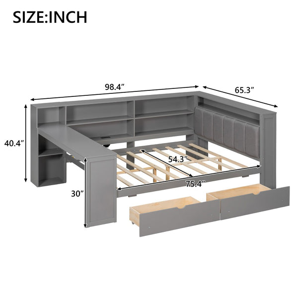 English Elm Wood Full Platform Bed with Led Headboard Built-in Desk Charging Station and Storage Shelves Grey N7090001047E-1