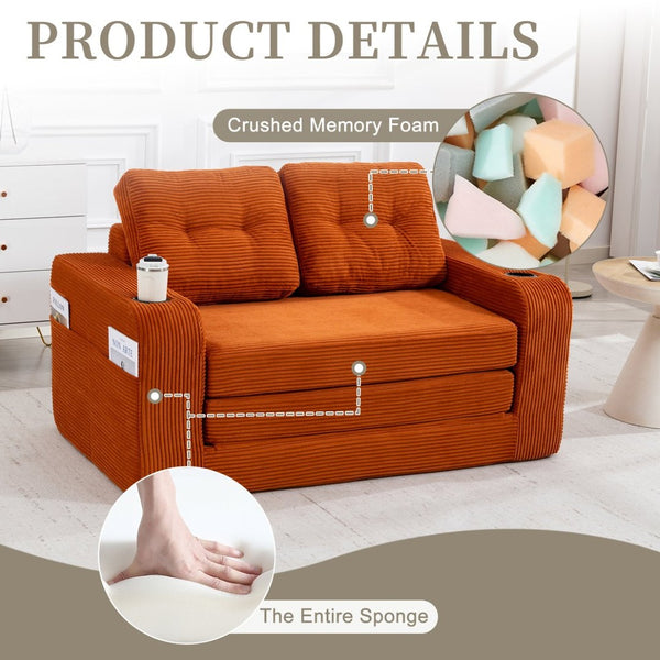 English Elm Convertible Floor Sofa Bed with Memory Foam and Ribbed Corduroy for Small Spaces Orange W395P438028