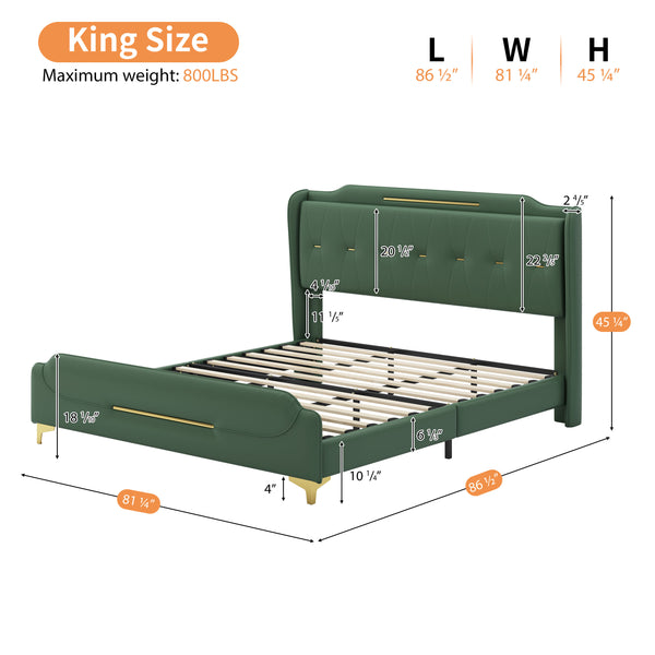 English Elm Christopher Knight Home® - King PU Leather Bed Frame with Wingback Headboard & Footboard, Gold Accents, Platform Slat Support, Elegant Design Green 77.5 L x 21 W x 5.25 H N761S0000012G