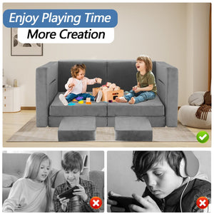 English Elm 12 Piece Modular Foam Play Couch Set Velvet Convertible Sofa Fort for Kids Playroom Dark Gray T5880P493404