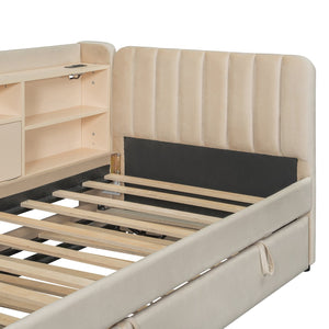 English Elm Twin Upholstered Daybed with Pull-Up Trundle, Velvet High Back with Shelves, Flip Storage & USB Beige SF000194AAA