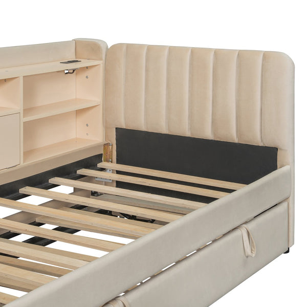 English Elm Twin Upholstered Daybed with Pull-Up Trundle, Velvet High Back with Shelves, Flip Storage & USB Beige SF000194AAA