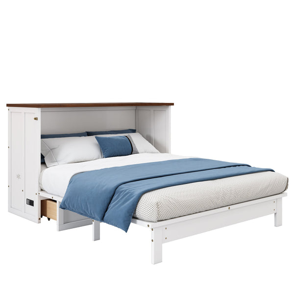 English Elm Solid Pine Murphy Bed Chest with Built-In Charging Station, Large Storage Drawer, Space-Saving Design White+Walnut 59.06 L x 24.8 W x 5.31 H BS701P176340K