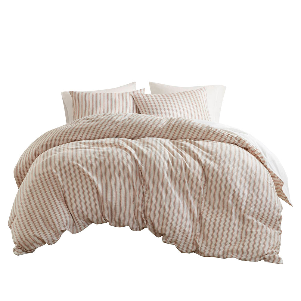 JLA Home Madison Park - 3PCS Linen-Cotton-Rayon Duvet Set with OEKO-TEX Comfort, Button Closure & Corner Ties, Breathable Stripes Terracotta MP12-8719