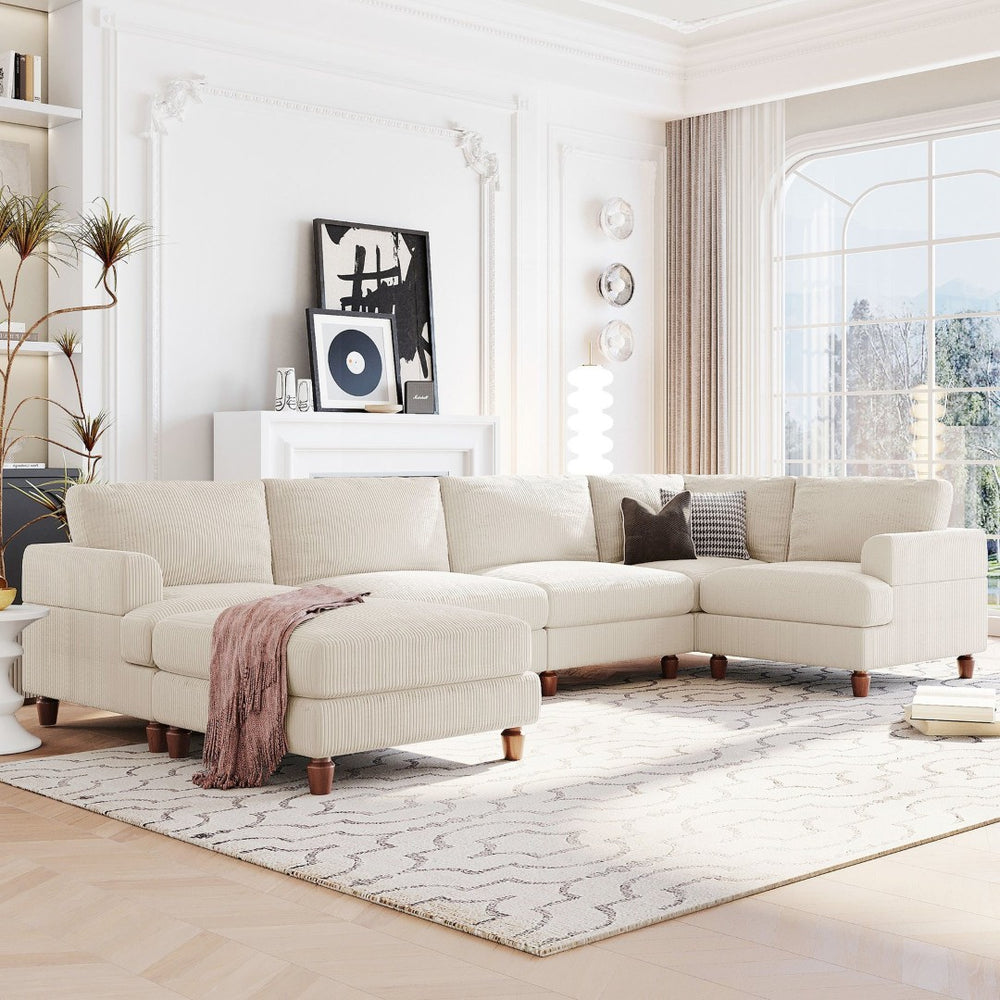 English Elm U_style Modular Corduroy Sectional with Ottoman Birch Legs Flexible Living Room Seating N711P228520A